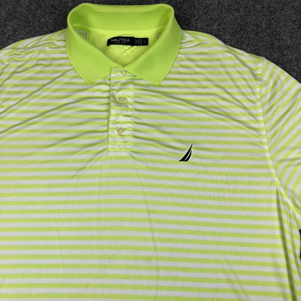 Nautica Mens Large Polo Shirt Lime Green White Striped Short‎ Sleeve Performance